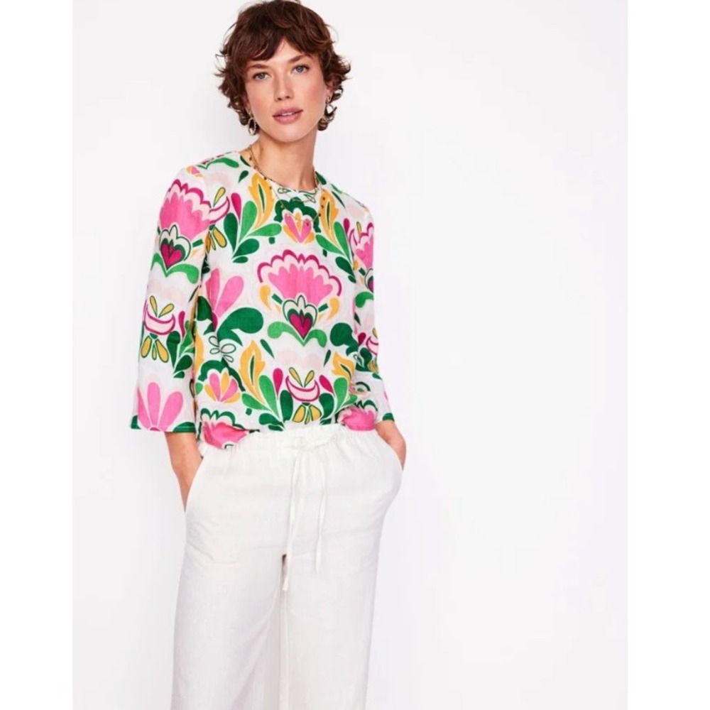 Boden Fluted Sleeve Linen Top Floral Folk Print Blouse US 8 UK 12
